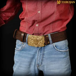 CEINTURE VIKING URBAINE Mythrojan AVEC BOUCLE EN LAITON MASSIF ODIN RAVEN et cuir véritable gaufré