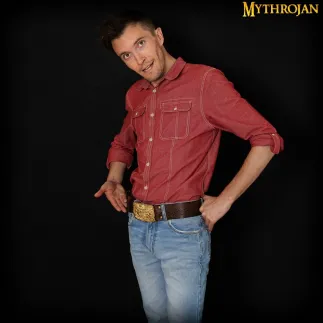 CEINTURE VIKING URBAINE Mythrojan AVEC BOUCLE EN LAITON MASSIF ODIN RAVEN et cuir véritable gaufré