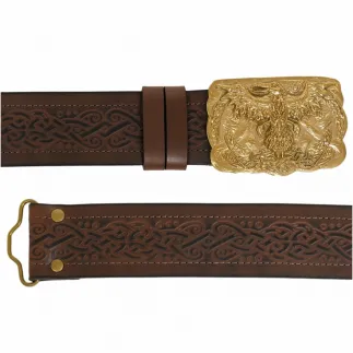 CEINTURE VIKING URBAINE Mythrojan AVEC BOUCLE EN LAITON MASSIF ODIN RAVEN et cuir véritable gaufré
