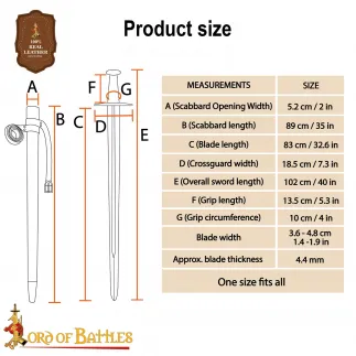 Épée fonctionnelle médiévale de type XI de typologie Oakeshott avec fourreau en cuir