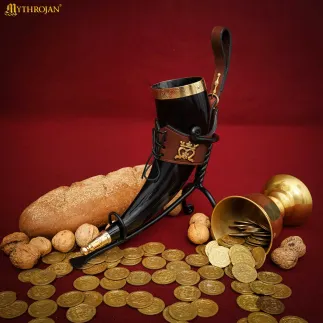 LA DAME ÉLÉGANTE 350 ML Corne à boire Viking avec étui en cuir marron