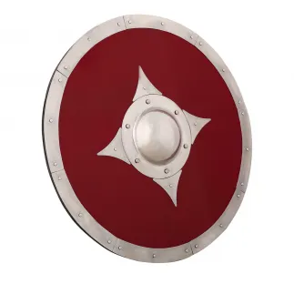 Bouclier de combat viking en bois rouge avec ferrures en acier et Umbo