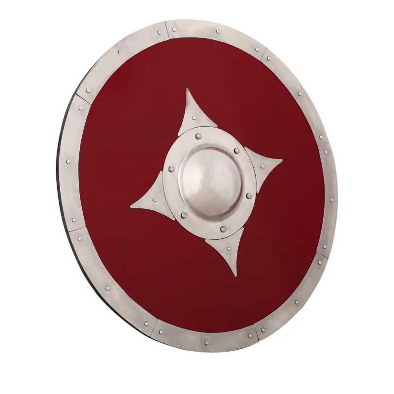 Bouclier de combat viking en bois rouge avec ferrures en acier et Umbo Bouclier de combat viking en bois rouge avec ferrures en acier et Umbo
