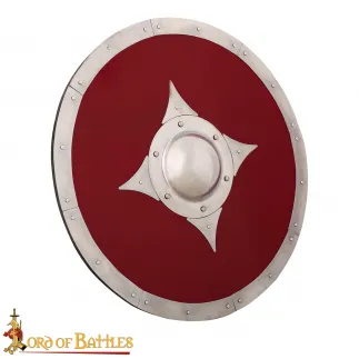 Bouclier de combat viking en bois rouge avec ferrures en acier et Umbo