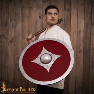 Bouclier de combat viking en bois rouge avec ferrures en acier et Umbo