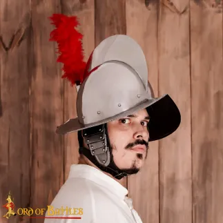 Casque Morion espagnol avec plume rouge et doublure en cuir calibre 16