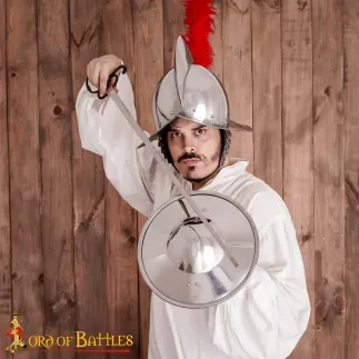 Casque Morion espagnol avec plume rouge et doublure en cuir calibre 16