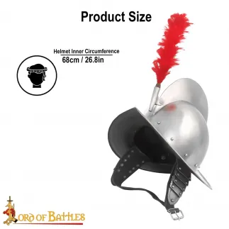 Casque Morion espagnol avec plume rouge et doublure en cuir calibre 16