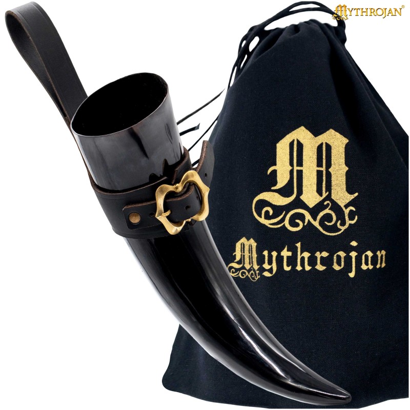 Corne à boire viking de 600 ml avec étui en cuir noir