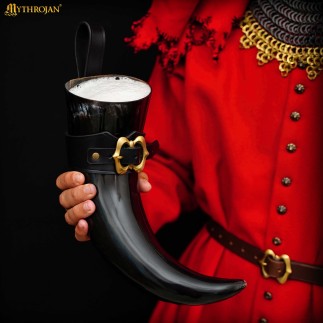 Corne à boire viking de 600 ml avec étui en cuir noir