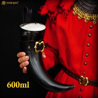 Corne à boire viking de 600 ml avec étui en cuir noir