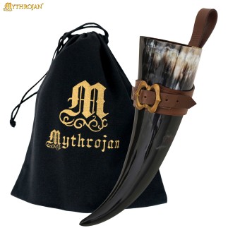 Corne à boire viking de 600 ml avec étui en cuir noir
