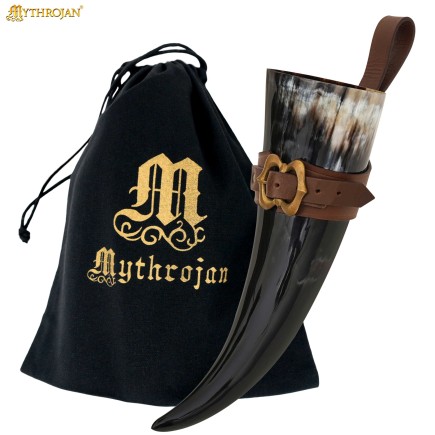 Corne à boire viking de 600 ml avec étui en cuir noir
