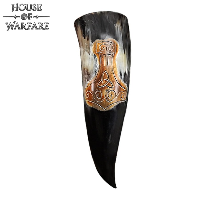 Corne à boire authentique avec Mjöllnir sculpté à la main