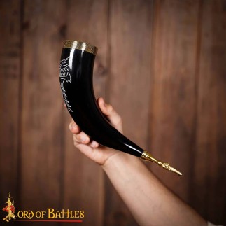 Corne à boire Fenrir Wolf 300-400 ml avec garnitures en laiton pur, fabriquée artisanalement en véritable corne de bœuf.