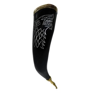 Corne à boire Fenrir Wolf 300-400 ml avec garnitures en laiton pur, fabriquée artisanalement en véritable corne de bœuf.
